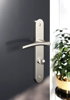 GoodHome Poignée De Porte<Ensemble poignée sur plaque rond à condamnation Hirel effet nickel satin gris L.128mm x l.40mm entraxe 195mm
