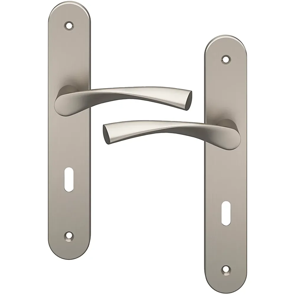 GoodHome Poignée De Porte<Ensemble poignée sur plaque rond serrure Breage effet nickel satin gris L.120.5mm x l.40mm entraxe 195mm