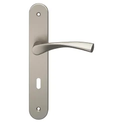 GoodHome Poignée De Porte<Ensemble poignée sur plaque rond serrure Breage effet nickel satin gris L.120.5mm x l.40mm entraxe 195mm