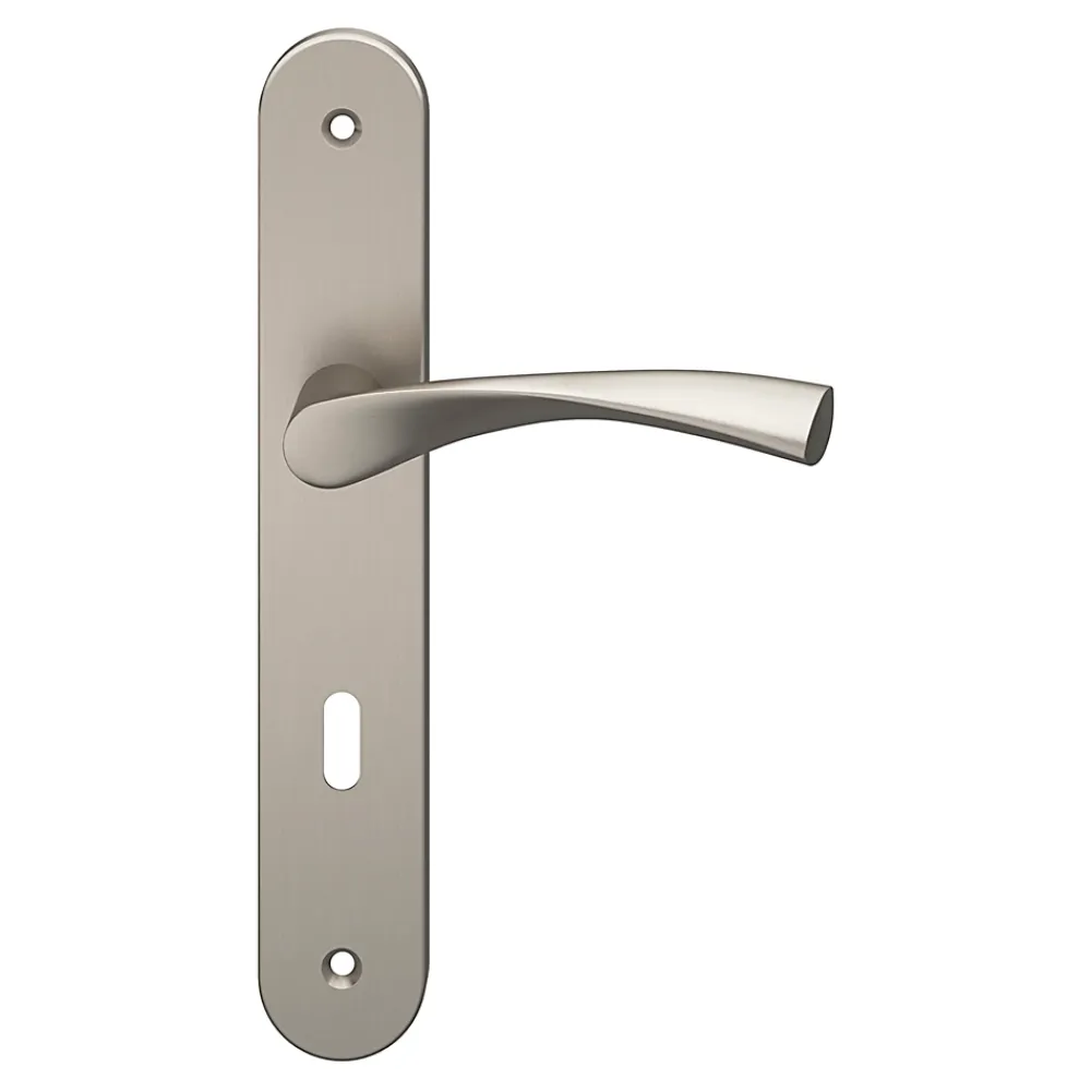 GoodHome Poignée De Porte<Ensemble poignée sur plaque rond serrure Breage effet nickel satin gris L.120.5mm x l.40mm entraxe 195mm