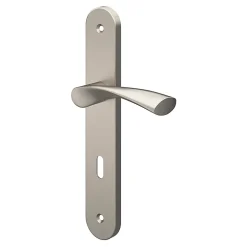 GoodHome Poignée De Porte<Ensemble poignée sur plaque rond serrure Breage effet nickel satin gris L.120.5mm x l.40mm entraxe 195mm