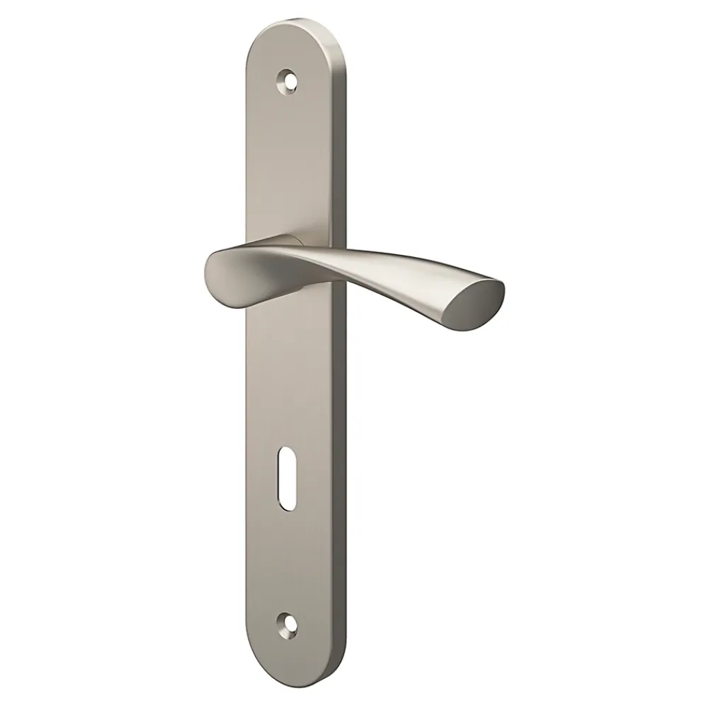 GoodHome Poignée De Porte<Ensemble poignée sur plaque rond serrure Breage effet nickel satin gris L.120.5mm x l.40mm entraxe 195mm