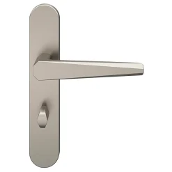 GoodHome Poignée De Porte<Ensemble poignée sur plaque rond à condamnation Keri effet nickel satin gris L.140mm x l.42mm entraxe 165-195mm