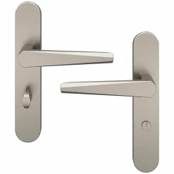 GoodHome Poignée De Porte<Ensemble poignée sur plaque rond à condamnation Keri effet nickel satin gris L.140mm x l.42mm entraxe 165-195mm