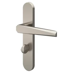 GoodHome Poignée De Porte<Ensemble poignée sur plaque rond à condamnation Keri effet nickel satin gris L.140mm x l.42mm entraxe 165-195mm