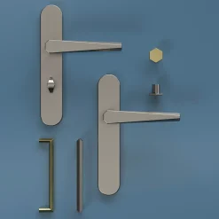 GoodHome Poignée De Porte<Ensemble poignée sur plaque rond à condamnation Keri effet nickel satin gris L.140mm x l.42mm entraxe 165-195mm
