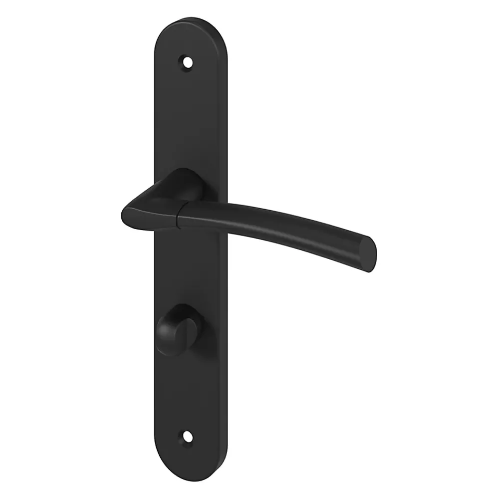GoodHome Ensemble poignée sur plaque rond à condamnation Hirel effet nickel mat noir L.128mm x l.40mm entraxe 195mm- Poignée De Porte
