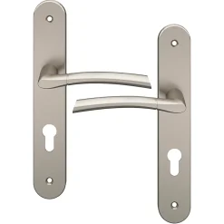 GoodHome Poignée De Porte<Ensemble poignée sur plaque rond cylindre Hirel effet nickel satin gris chromé L.128mm x l.40mm entraxe 195mm