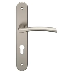 GoodHome Poignée De Porte<Ensemble poignée sur plaque rond cylindre Hirel effet nickel satin gris chromé L.128mm x l.40mm entraxe 195mm