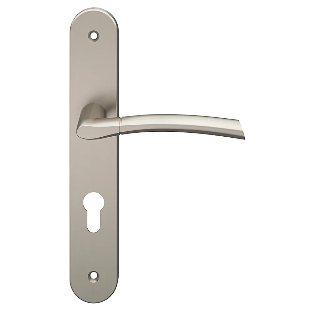 GoodHome Poignée De Porte<Ensemble poignée sur plaque rond cylindre Hirel effet nickel satin gris chromé L.128mm x l.40mm entraxe 195mm