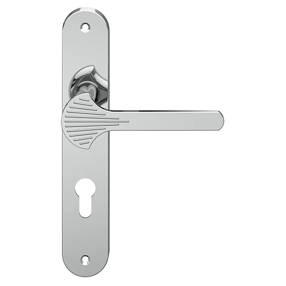GoodHome Ensemble poignée sur plaque rond Rubian effet chromé gris L.130mm x l.40mm entraxe 195mm- Poignée De Porte Extérieure