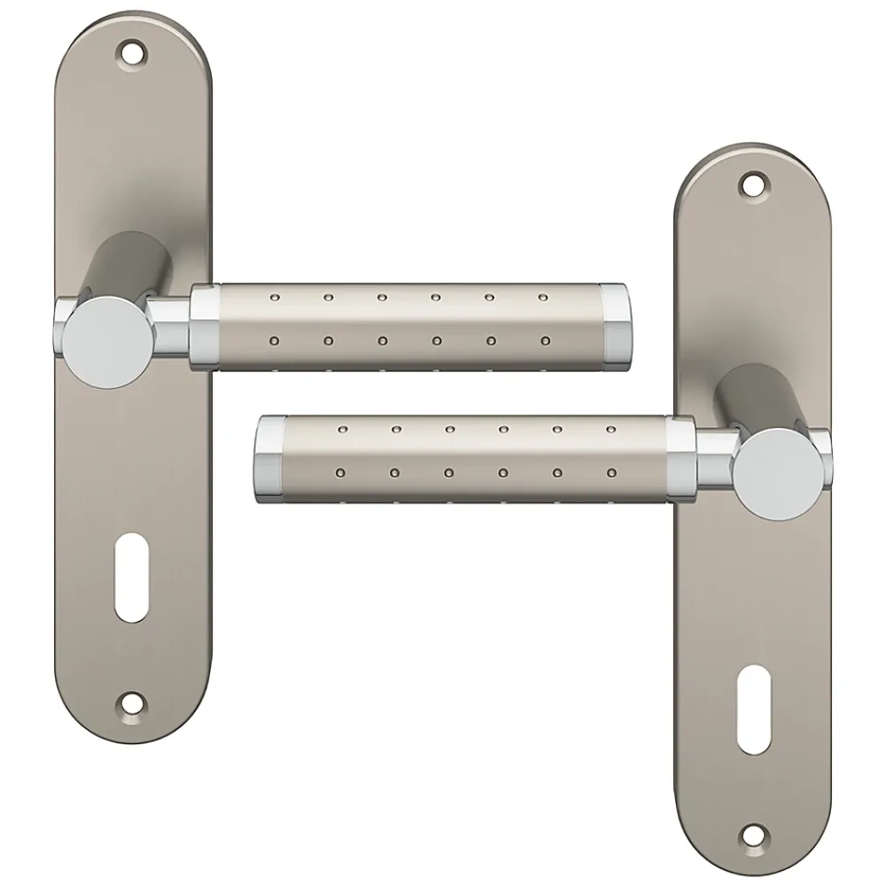 GoodHome Ensemble poignée sur plaque rond serrure Brigg effet chrome et nickel satin gris L.132mm x l.40mm entraxe 165mm- Poignée De Porte