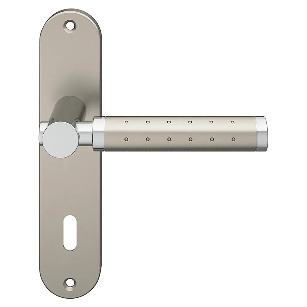 GoodHome Ensemble poignée sur plaque rond serrure Brigg effet chrome et nickel satin gris L.132mm x l.40mm entraxe 165mm- Poignée De Porte