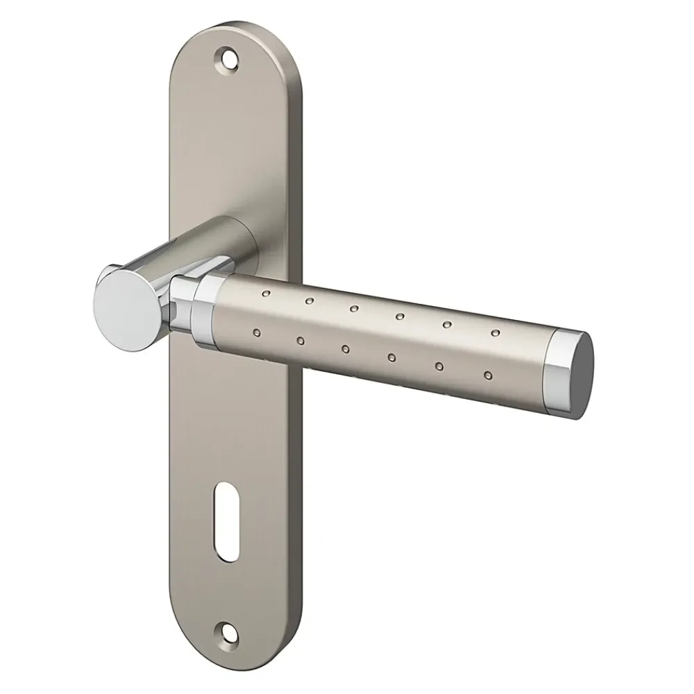 GoodHome Ensemble poignée sur plaque rond serrure Brigg effet chrome et nickel satin gris L.132mm x l.40mm entraxe 165mm- Poignée De Porte