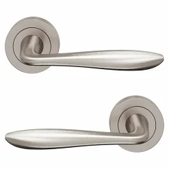 GoodHome Poignée De Porte<Ensemble poignée sur rosace Incurvé à visser Meham effet nickel satin gris Ø52mm