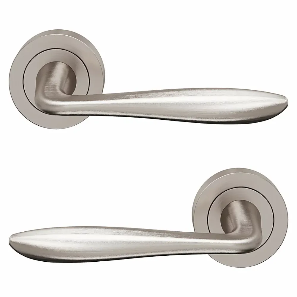 GoodHome Poignée De Porte<Ensemble poignée sur rosace Incurvé à visser Meham effet nickel satin gris Ø52mm