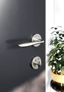 GoodHome Poignée De Porte<Ensemble poignée sur rosace Incurvé à visser Meham effet nickel satin gris Ø52mm