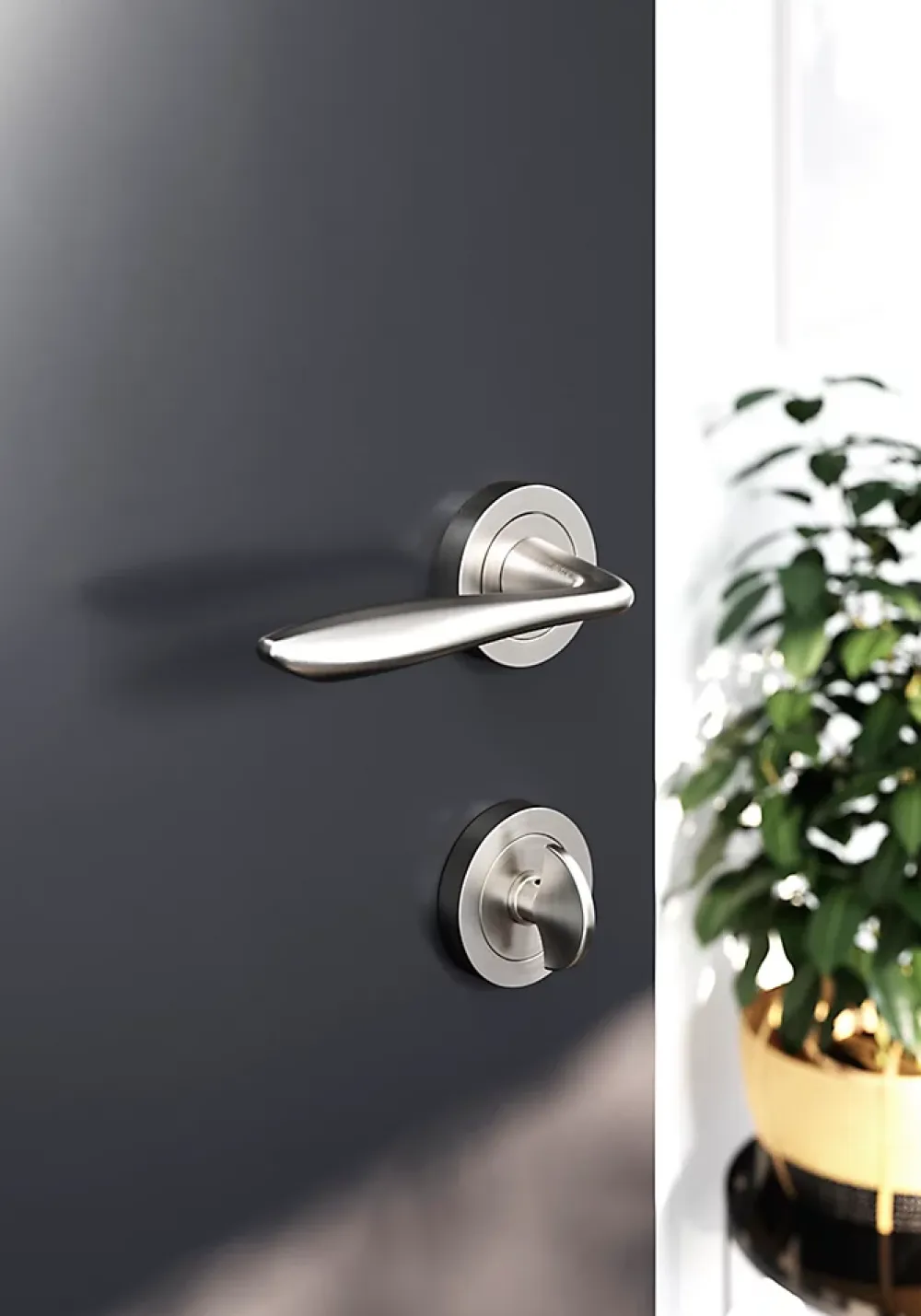 GoodHome Poignée De Porte<Ensemble poignée sur rosace Incurvé à visser Meham effet nickel satin gris Ø52mm
