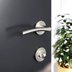 GoodHome Poignée De Porte<Ensemble poignée sur rosace rond à visser Hirel effet nickel satin gris Ø50mm