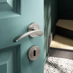 GoodHome Ensemble poignée sur rosace rond à visser Beare effet nickel satin gris Ø50mm- Poignée De Porte