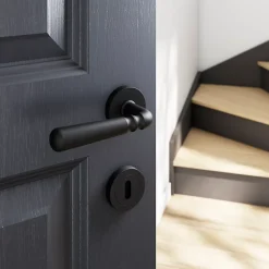 GoodHome Poignée De Porte<Ensemble poignée sur rosace rond à visser Kilhog mat noir Ø50mm