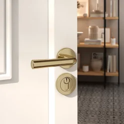 GoodHome Ensemble poignée sur rosace rond à pousser Tudy Laiton Jaune Ø52mm- Poignée De Porte Extérieure