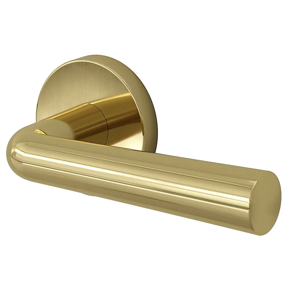 GoodHome Ensemble poignée sur rosace rond à pousser Tudy Laiton Jaune Ø52mm- Poignée De Porte Extérieure