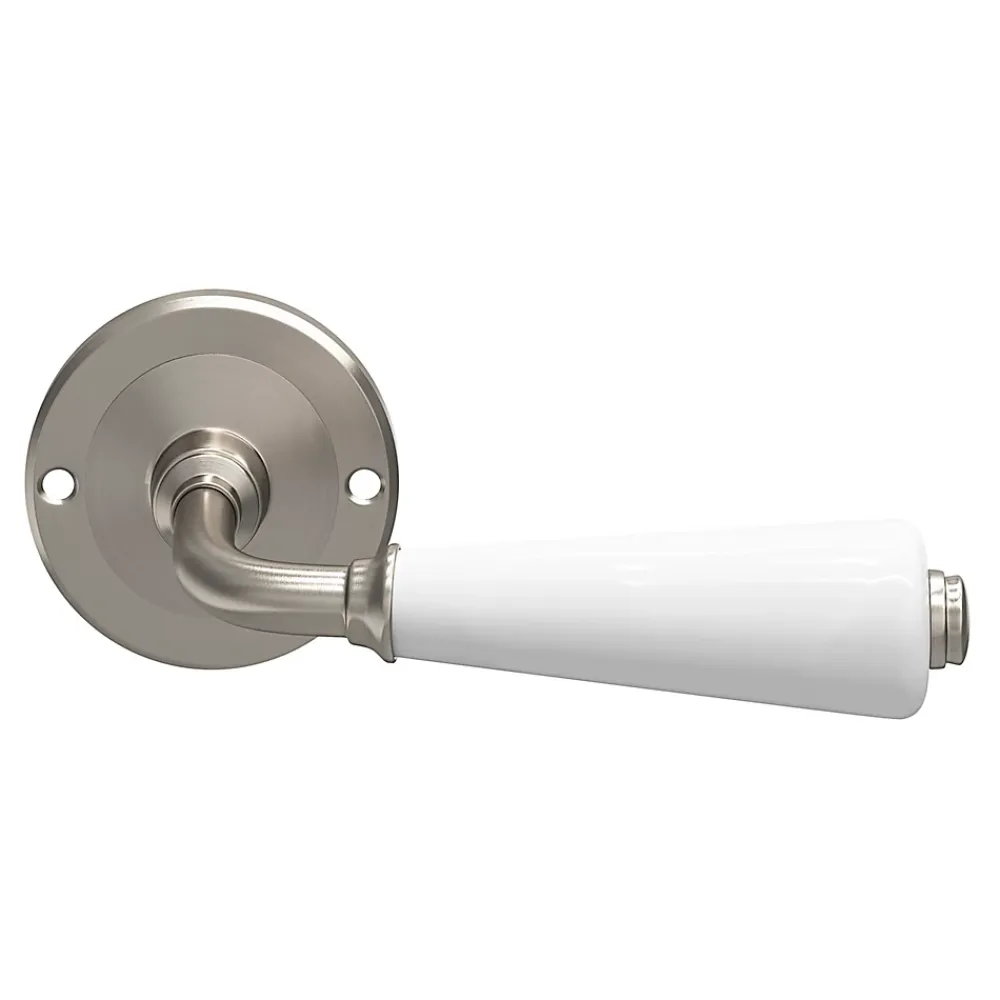GoodHome Ensemble poignée sur rosace incurvé vis traversante ou à vis Porcelaine Vras brillant blanc Ø48mm- Poignée De Porte