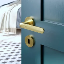 GoodHome Ensemble poignée sur rosace rond à visser Garlan effet laiton satin or Ø50mm- Poignée De Porte