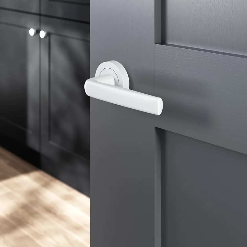 GoodHome Ensemble poignée sur rosace Incurvé à visser Primel mat blanc Ø52mm- Poignée De Porte
