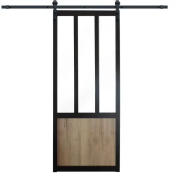 Porte Coulissante<Ensemble porte coulissante noire Mykado 3 vitrages transparents et système de rail