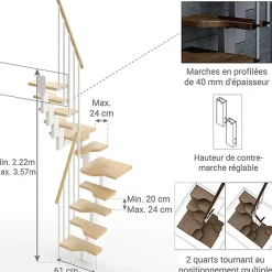Matisere Escalier 2 quart tournant 9 marches - Hauteur à franchir de 2.01 à 2.37m - Largeur 61cm - Couleur naturel et blanc -- Escalier Quart Tournant