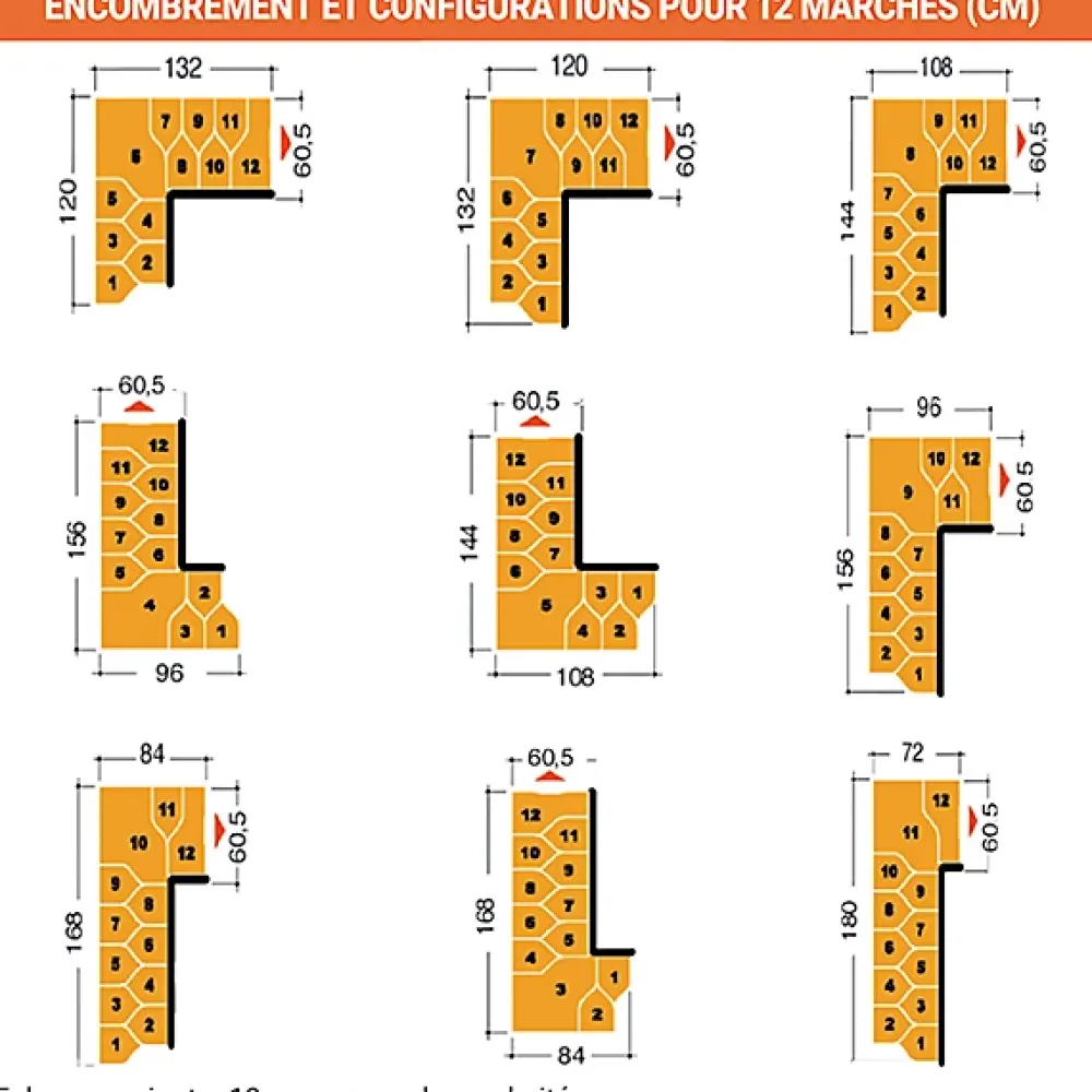 Matisere Escalier 1 quart tournant 14 marches - Hauteur à franchir de 3.01 à 3.57m - Largeur 61cm - Couleur noyer et gris -- Escalier Quart Tournant