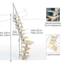 Matisere Escalier Quart Tournant<Escalier 1 quart tournant 14 marches - Hauteur à franchir de 3.00 à 3.56m - Largeur 60cm - Couleur bois et blanc -