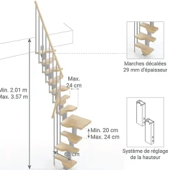 Matisere Escalier 1 quart tournant 9 marches - Hauteur à franchir de 2.01 à 2.37m - Largeur 61cm - Couleur naturel et blanc -- Escalier Quart Tournant