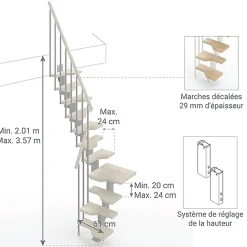 Matisere Escalier 1 quart tournant 9 marches - Hauteur à franchir de 2.01 à 2.37m - Largeur 61cm - Couleur bois et blanc -- Escalier Quart Tournant