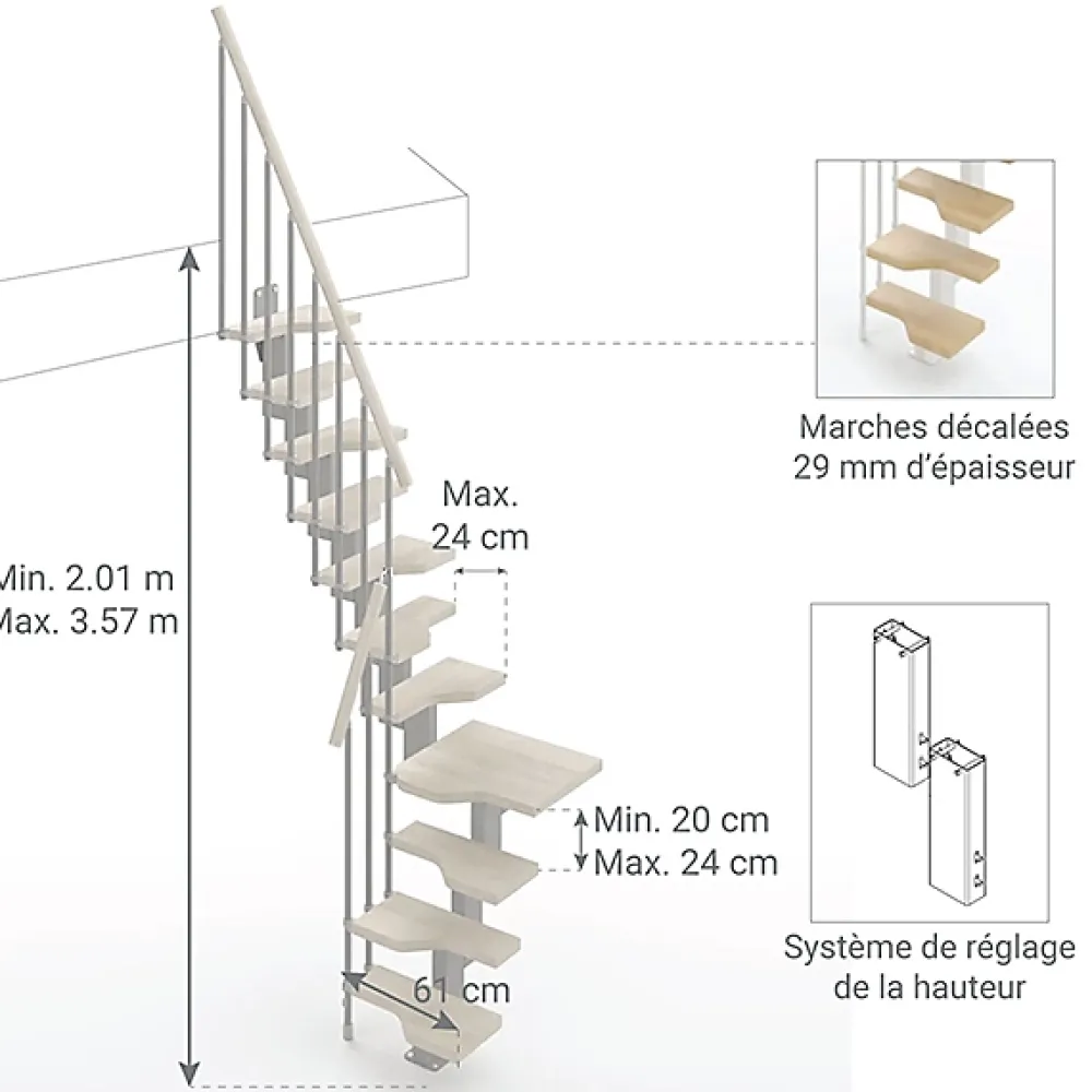 Matisere Escalier 1 quart tournant 9 marches - Hauteur à franchir de 2.01 à 2.37m - Largeur 61cm - Couleur bois et blanc -- Escalier Quart Tournant