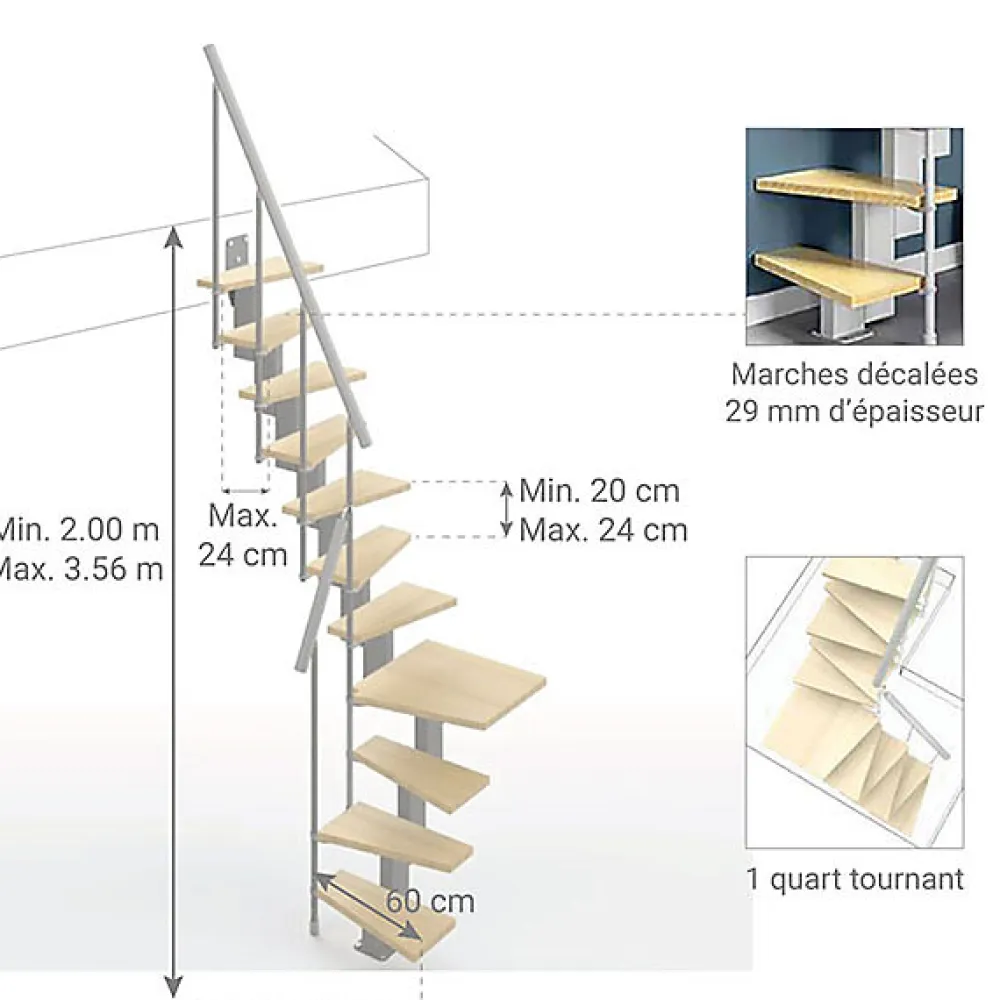 Matisere Escalier Quart Tournant<Escalier 1 quart tournant 13 marches - Hauteur à franchir de 2.80m à 3.32m - Largeur 60cm - Couleur bois et blanc -
