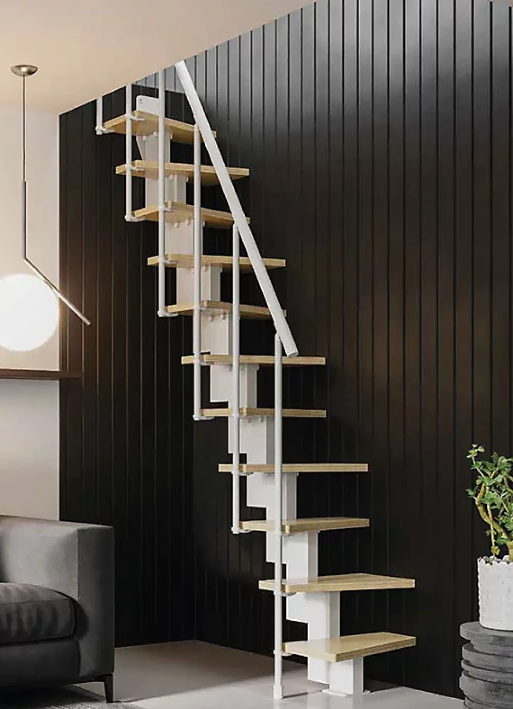 Matisere Escalier Quart Tournant<Escalier 1 quart tournant 13 marches - Hauteur à franchir de 2.80m à 3.32m - Largeur 60cm - Couleur bois et blanc -