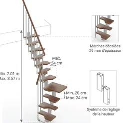 Matisere Escalier Quart Tournant<Escalier 1 quart tournant 9 marches - Hauteur à franchir de 2.01 à 2.37m - Largeur 61cm - Couleur noyer et gris -