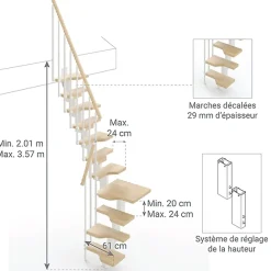 Matisere Escalier 1 quart tournant 11 marches - Hauteur à franchir de 2.41 à 2.85m - Largeur 61cm - Couleur naturel et blanc -- Escalier Quart Tournant