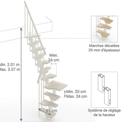 Matisere Escalier 1 quart tournant 10 marches - Hauteur à franchir de 2.21 à 2.61m - Largeur 61cm - Couleur bois et blanc -- Escalier Quart Tournant