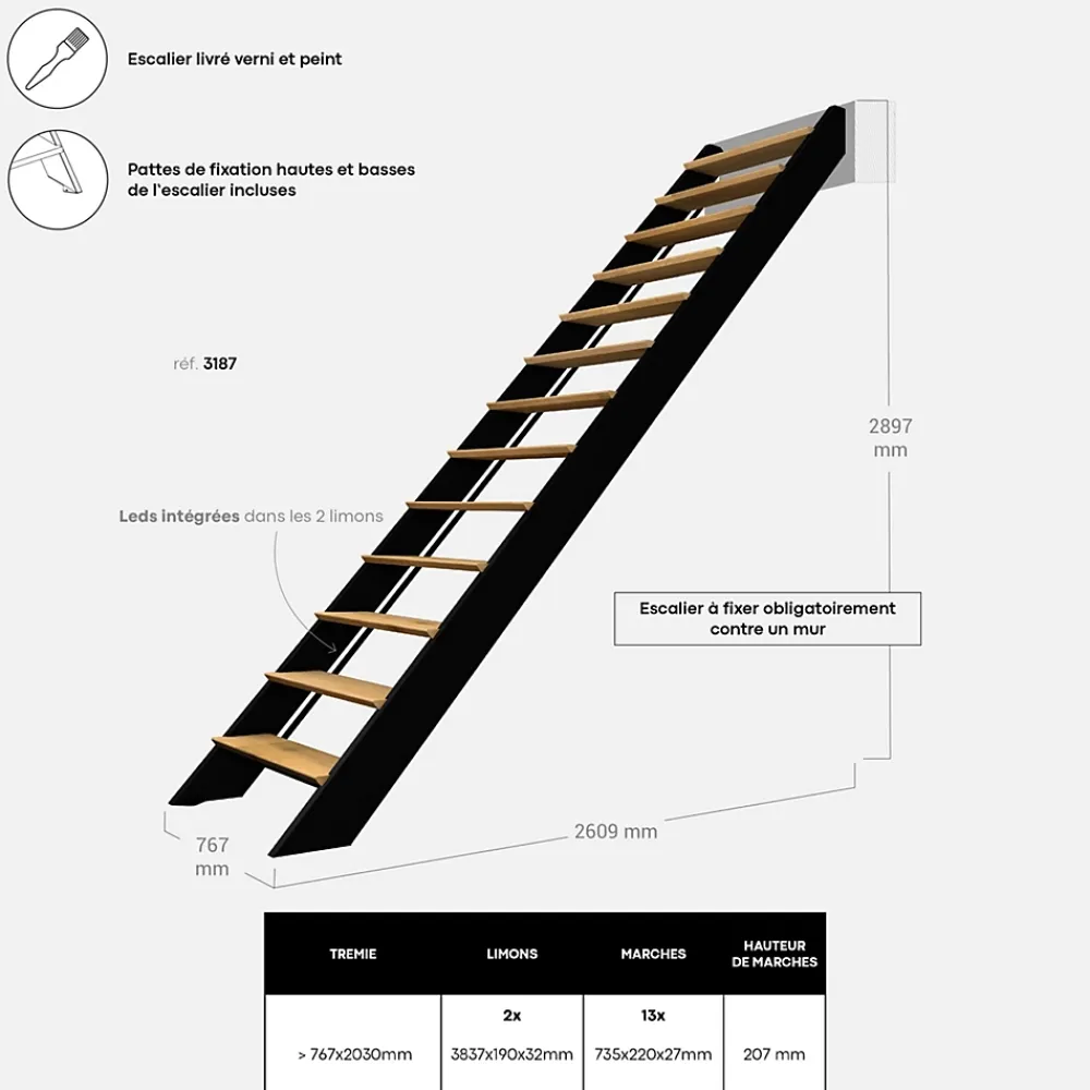 Kordo Escalier Quart Tournant<Escalier bois droit noir à LED intégrées, Spectra