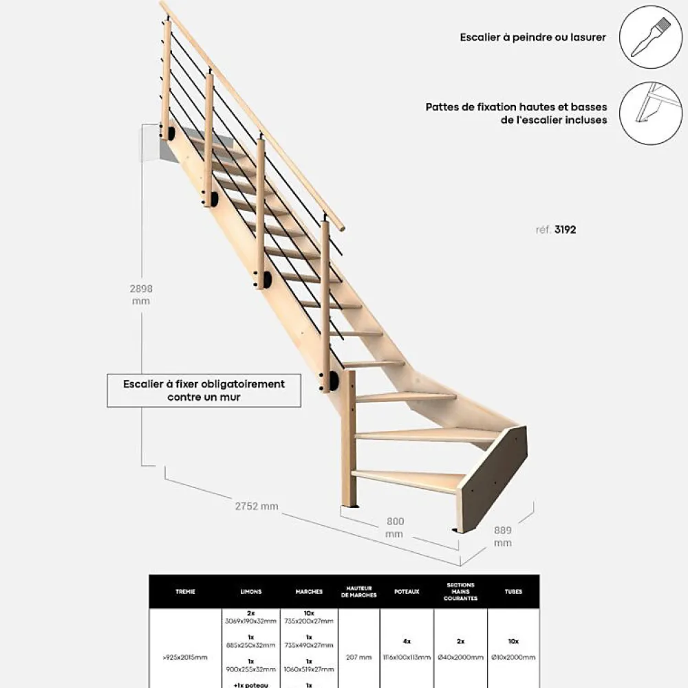 Kordo Escalier Quart Tournant<Escalier bois hêtre quart-tournant gauche avec garde-corps, Nostra