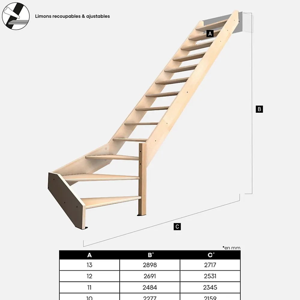 Kordo Escalier bois hêtre quart-tournant droit avec garde-corps, Nostra- Escalier Quart Tournant