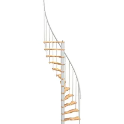 Matisere Escalier colimaçon 10 marches - Hauteur à franchir 2.09 à 2.59m - Structure blanche et marche hêtre - Diamètre 120cm -- Escalier Quart Tournant