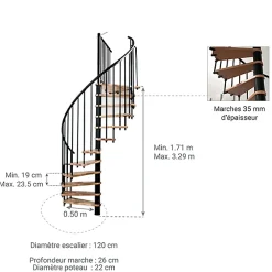 Matisere Escalier colimaçon 10 marches - Hauteur à franchir 1.90 à 2.35m - Diamètre 120cm - Structure noire et marche hêtre - BERL120-NH-10- Escalier Colimaçon