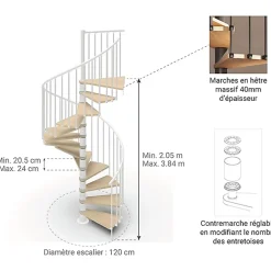 Matisere Escalier Colimaçon<Escalier colimaçon 16 marches - Haut. à franchir 3.28m à 3.84m - Diam. 120cm - Trémie ronde - Struct. blanche / marches naturel -