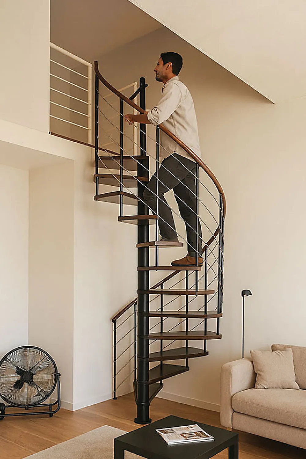 Matisere Escalier colimaçon 10 marches - Diamètre 120cm - Hauteur à franchir 1.95 à 2.35m - Noir et Noyer - VENE120-SNMNOY-10- Escalier Colimaçon