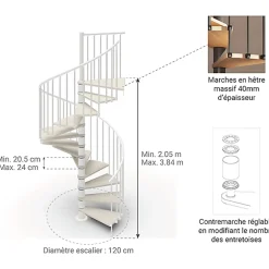 Matisere Escalier Colimaçon<Escalier colimaçon 14 marches - Haut. à franchir 2.87 à 3.36m - Diam. 120cm - Trémie ronde - Struct. blanche / marches blanchi -